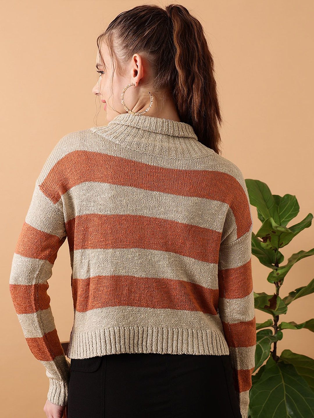 STREET 9 Striped Turtle Neck Ribbed Acrylic Pullover
