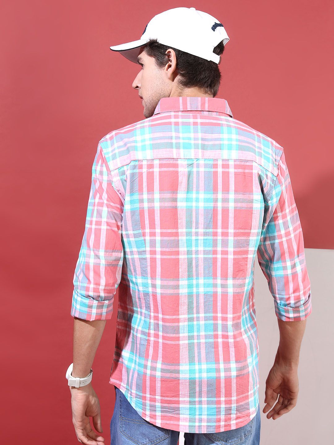 HIGHLANDER Men Pink & White Slim Fit Checked Casual Shirt