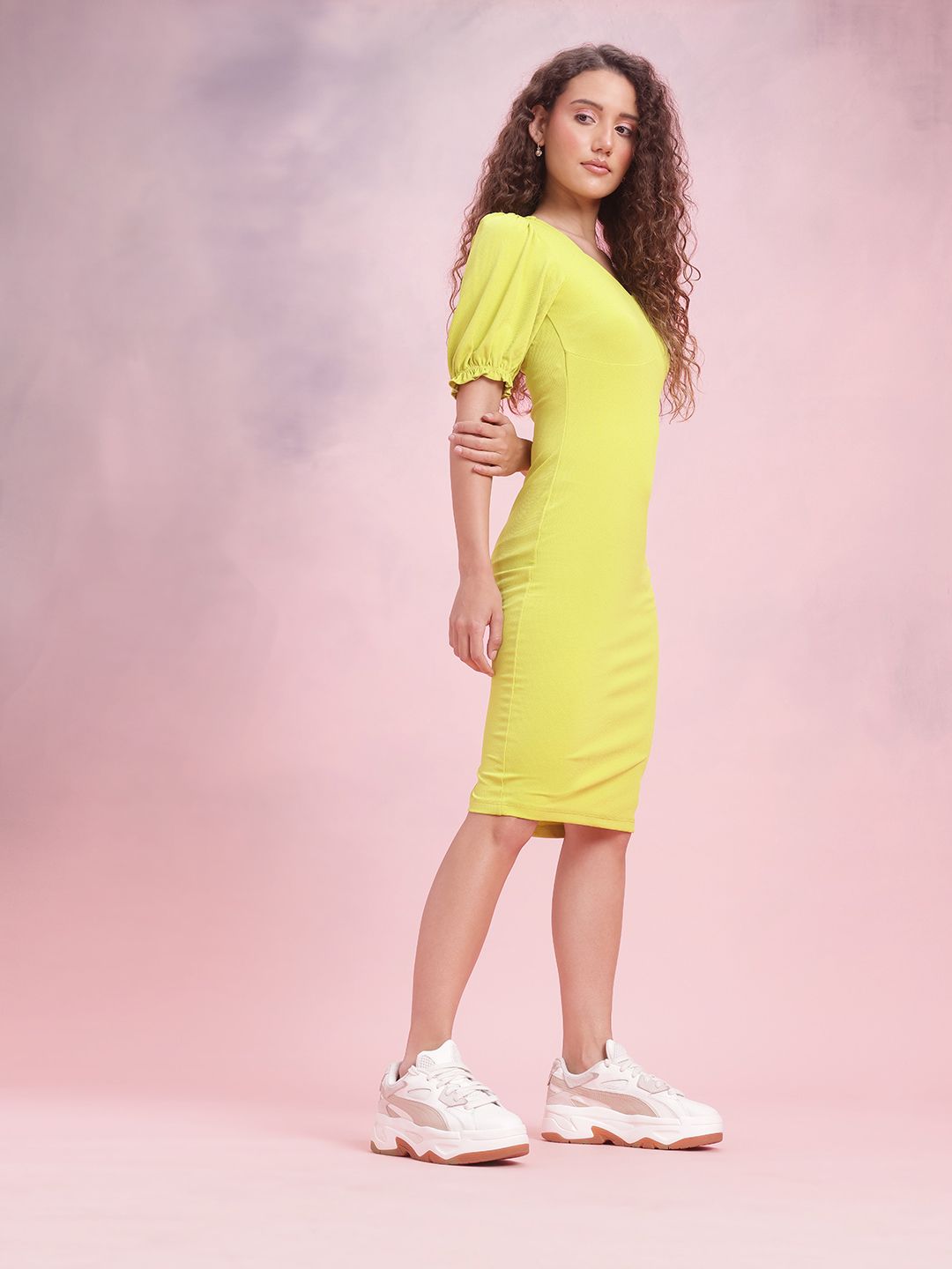 DressBerry Puff Sleeves Sheath Midi Dress