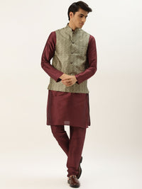 SOJANYA Men Maroon & Olive Green Jacquard Woven Design Kurta with Churidar & Nehru Jacket