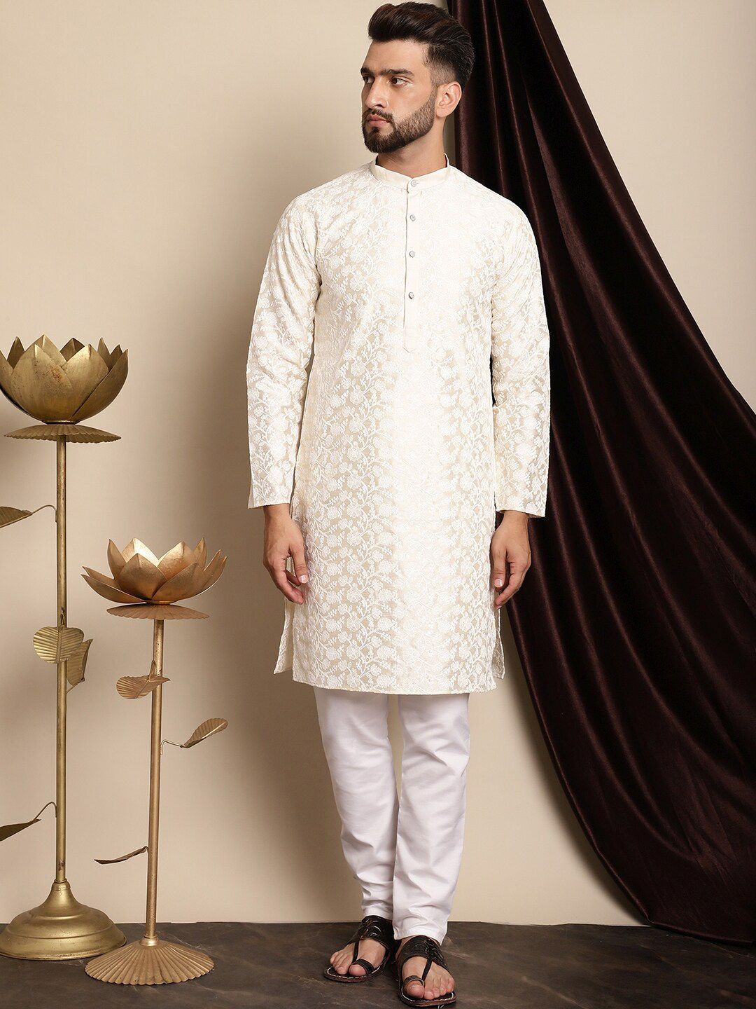 Anouk Floral Embroidered Band Collar Regular Kurta with Churidar