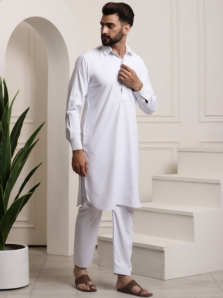 SOJANYA Shirt Collar Curved Hem Pathani Kurta with Salwar