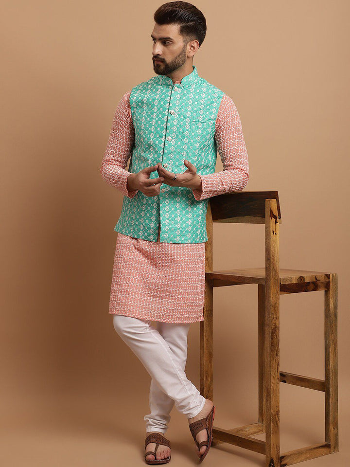 SOJANYA Men Floral Embroidered Regular Pure Cotton Kurta with Churidar