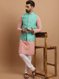 SOJANYA Men Floral Embroidered Regular Pure Cotton Kurta with Churidar