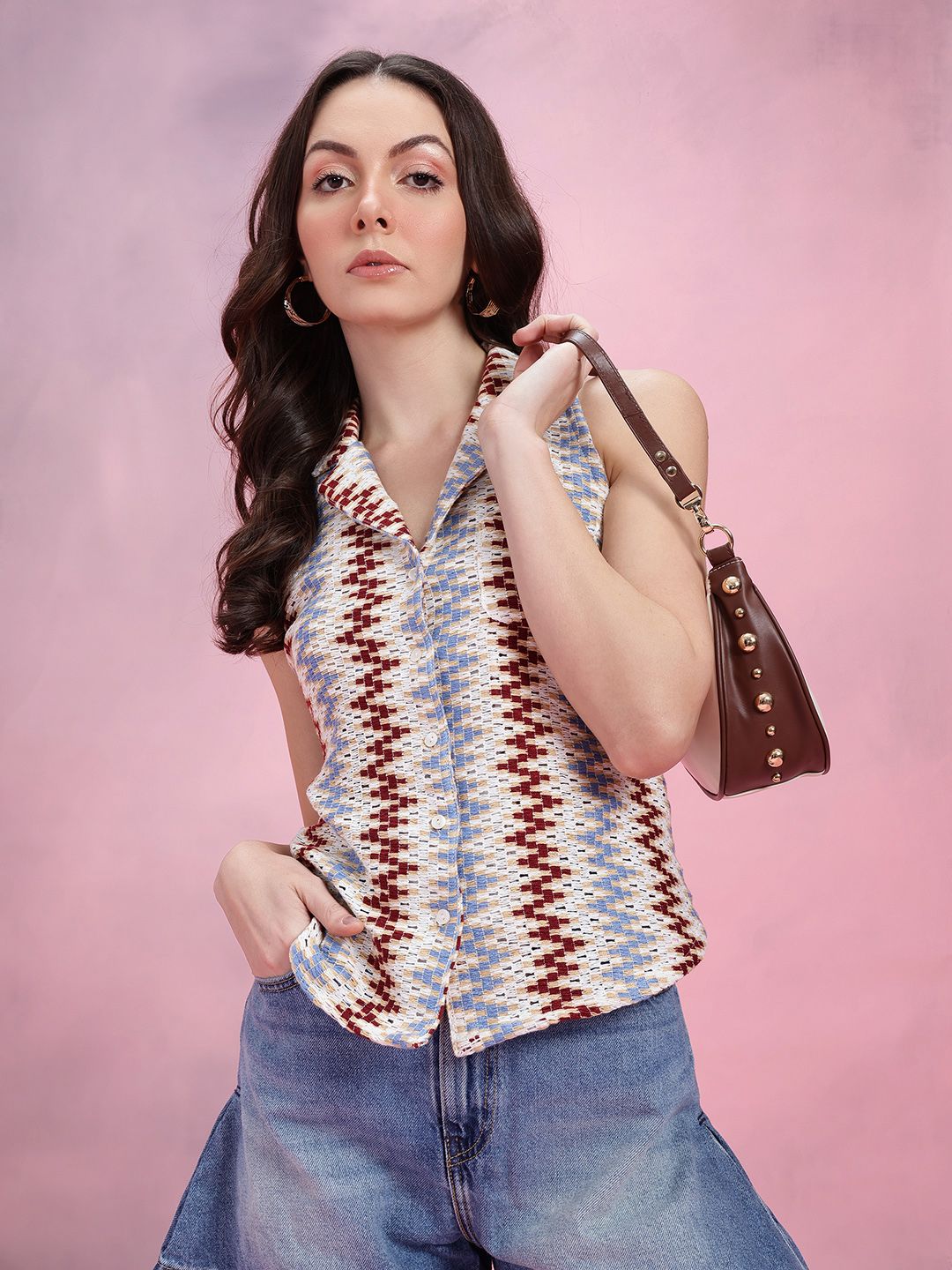 DressBerry Chevron Self-Design Cuban Collar Crochet Semi-Sheer Casual Shirt