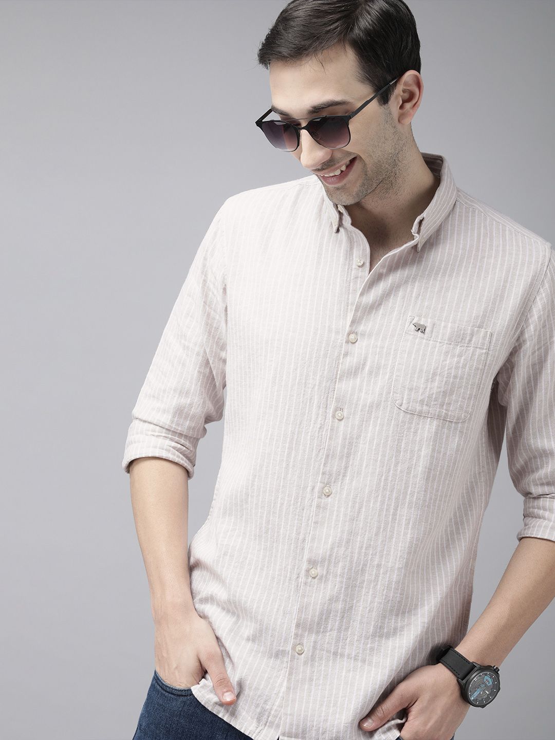 THE BEAR HOUSE Men Slim Fit Striped Cotton-Linen Casual Shirt