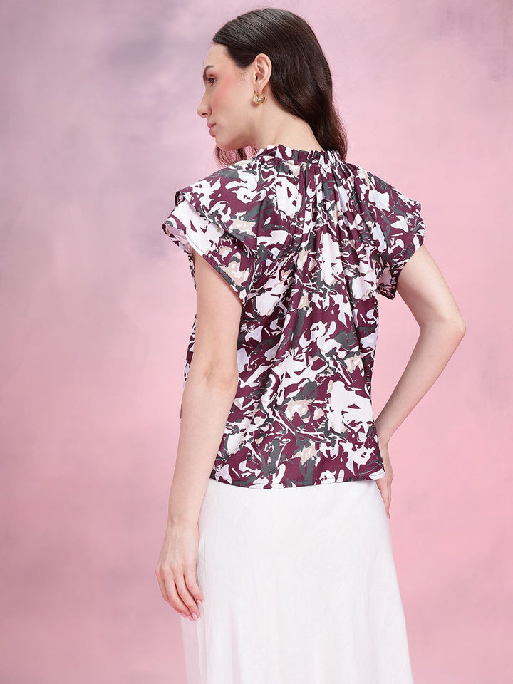 DressBerry Abstract Print Tie-Up Neck Flutter Sleeves Top with Ruffled Detail