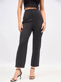 SASSAFRAS Women Charcoal Straight Fit High-Rise Pleated Trousers