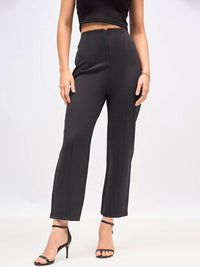 SASSAFRAS Women Charcoal Straight Fit High-Rise Pleated Trousers