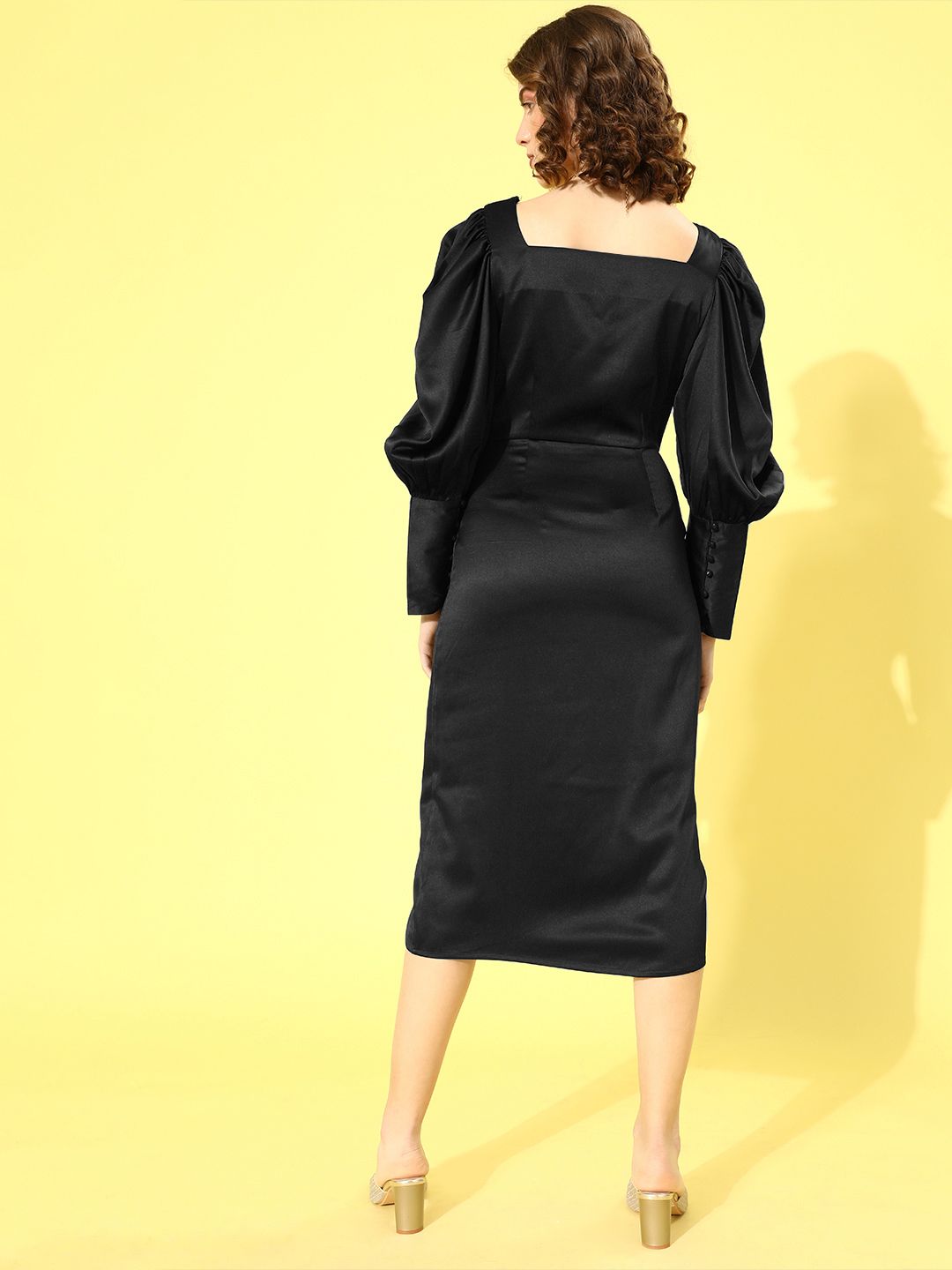 STREET 9 Black Satin A-Line Midi Dress