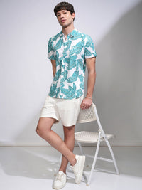 HIGHLANDER Men White & Green Slim Fit Printed Casual Shirt