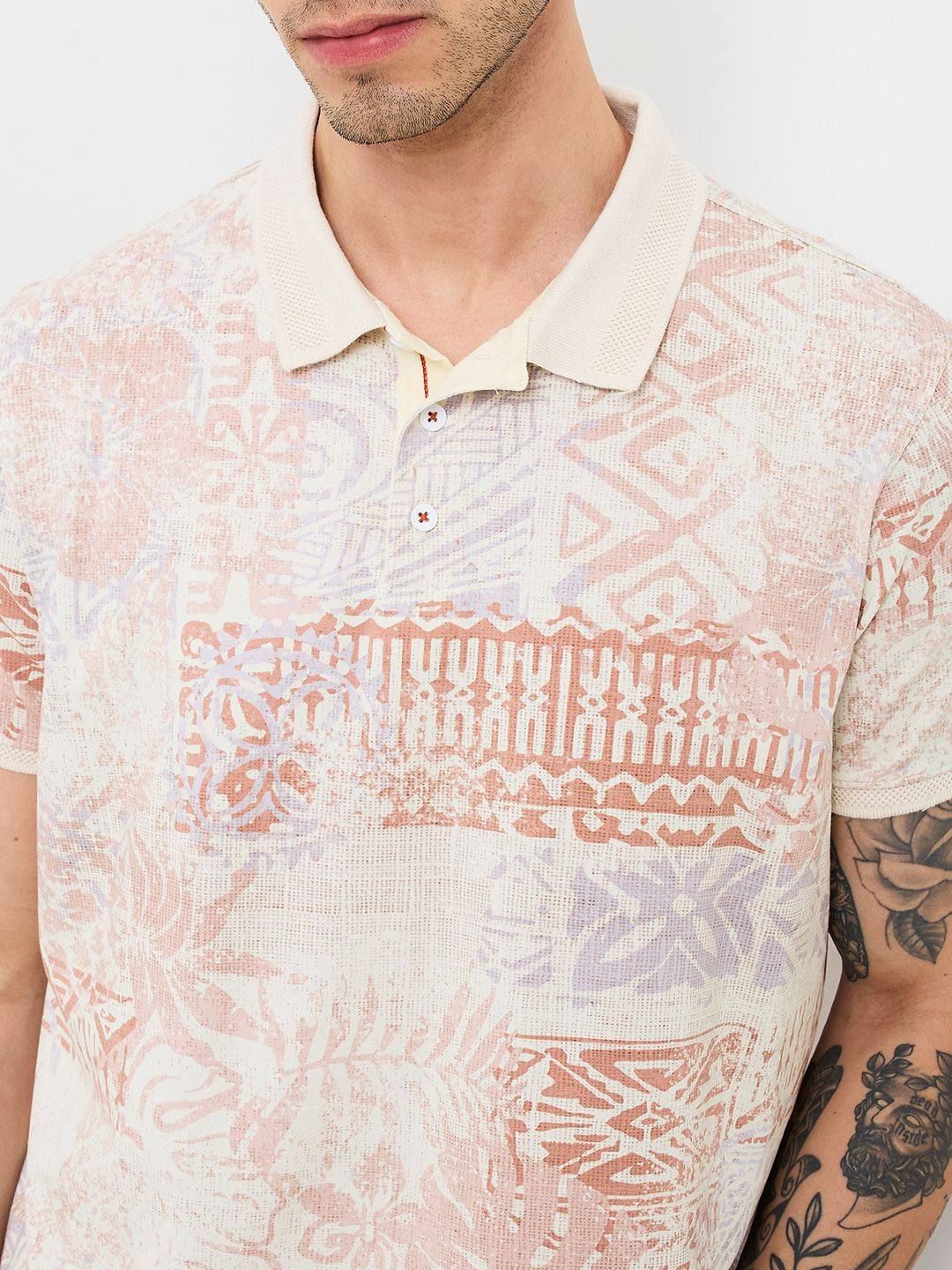 SPYKAR Men Abstract Printed Polo Collar Cotton Slim Fit T-shirt