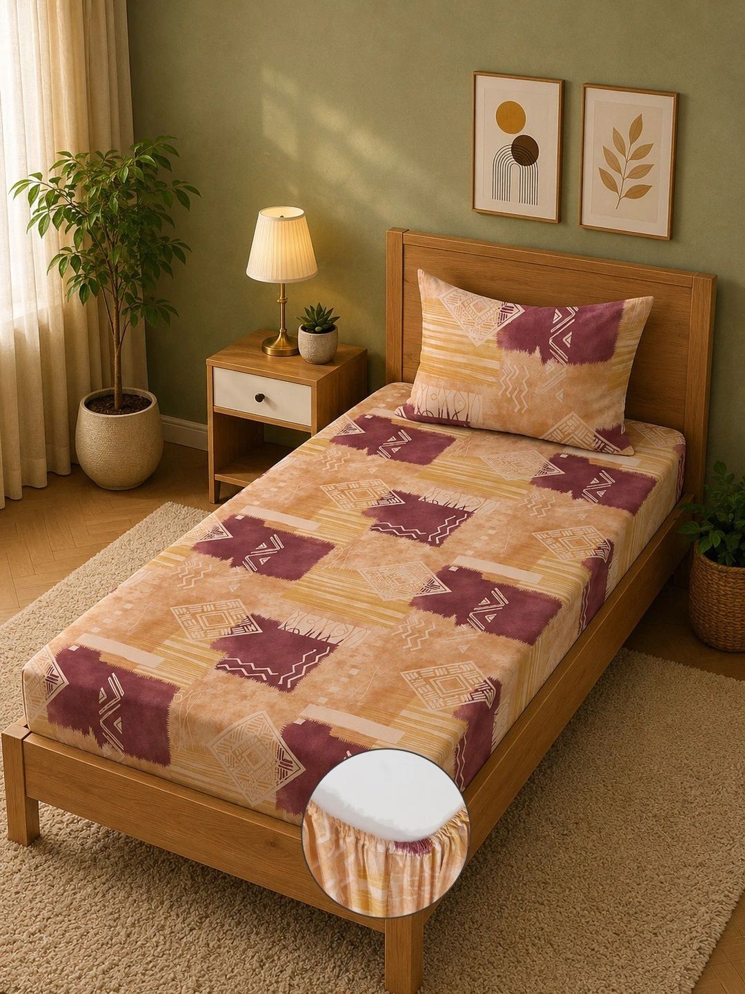 Moda Rapido X KLOTTHE Beige & Warna Peach Geometrik 400 TC Cadar Tempat Tidur Single dengan 1 Sarung Bantal