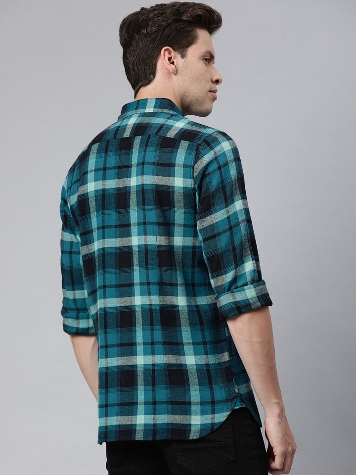 THE BEAR HOUSE Men Teal Blue & Black Slim Fit Checked Flannel Casual Shirt