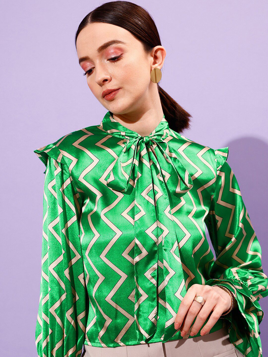 STREET 9 Geometric Printed Tie-Up Neck Bell Sleeves Satin Top