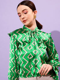 STREET 9 Geometric Printed Tie-Up Neck Bell Sleeves Satin Top