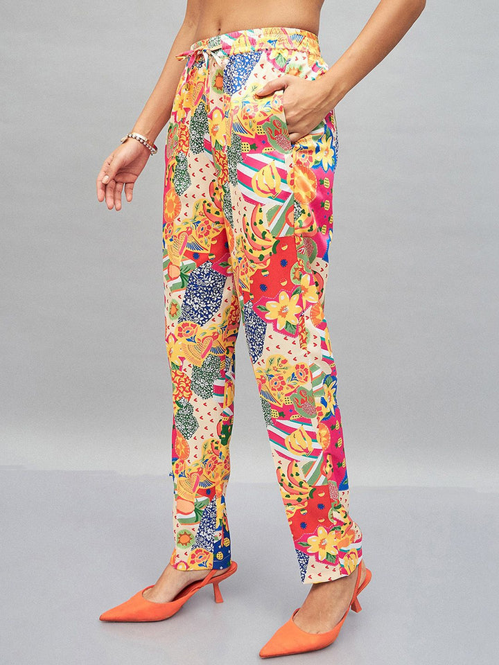 SASSAFRAS Yellow Women Floral Printed Straight Fit Trousers