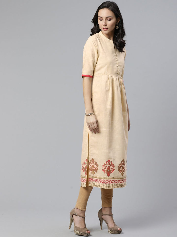 Libas Women Beige Block Print Detail Straight Kurta