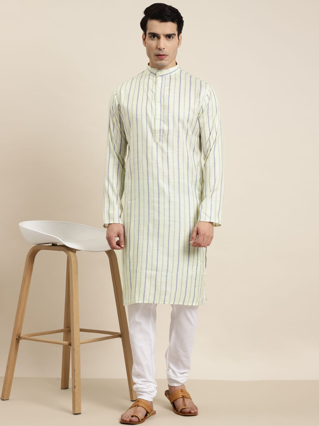 SOJANYA Kurta Belang Kapas Kuning & Biru Lelaki