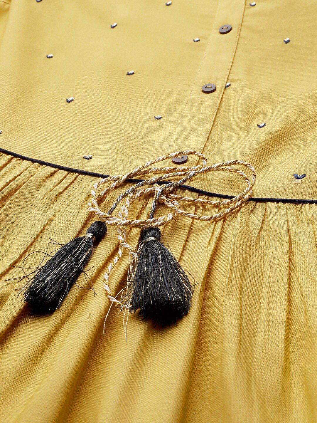 STREET 9 Women Mustard Yellow Embroidered A-Line Dress