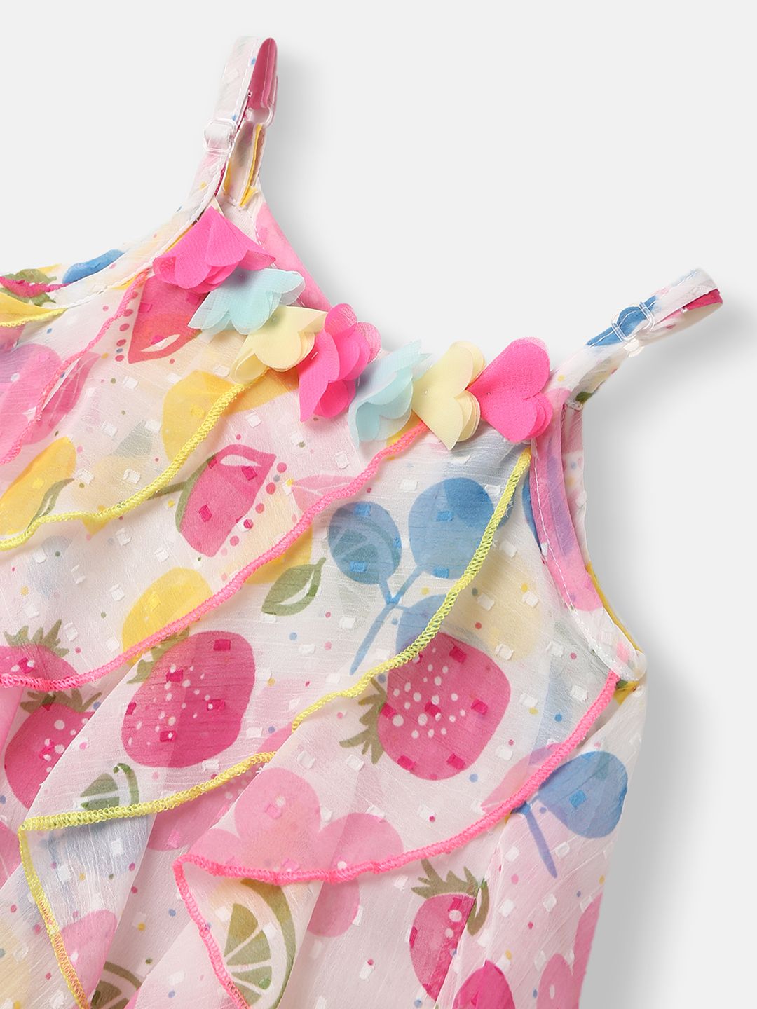 Nauti Nati Girls White & Pink Printed A-Line Dress with Ruffle Detail