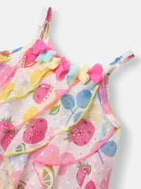 Nauti Nati Girls White & Pink Printed A-Line Dress with Ruffle Detail