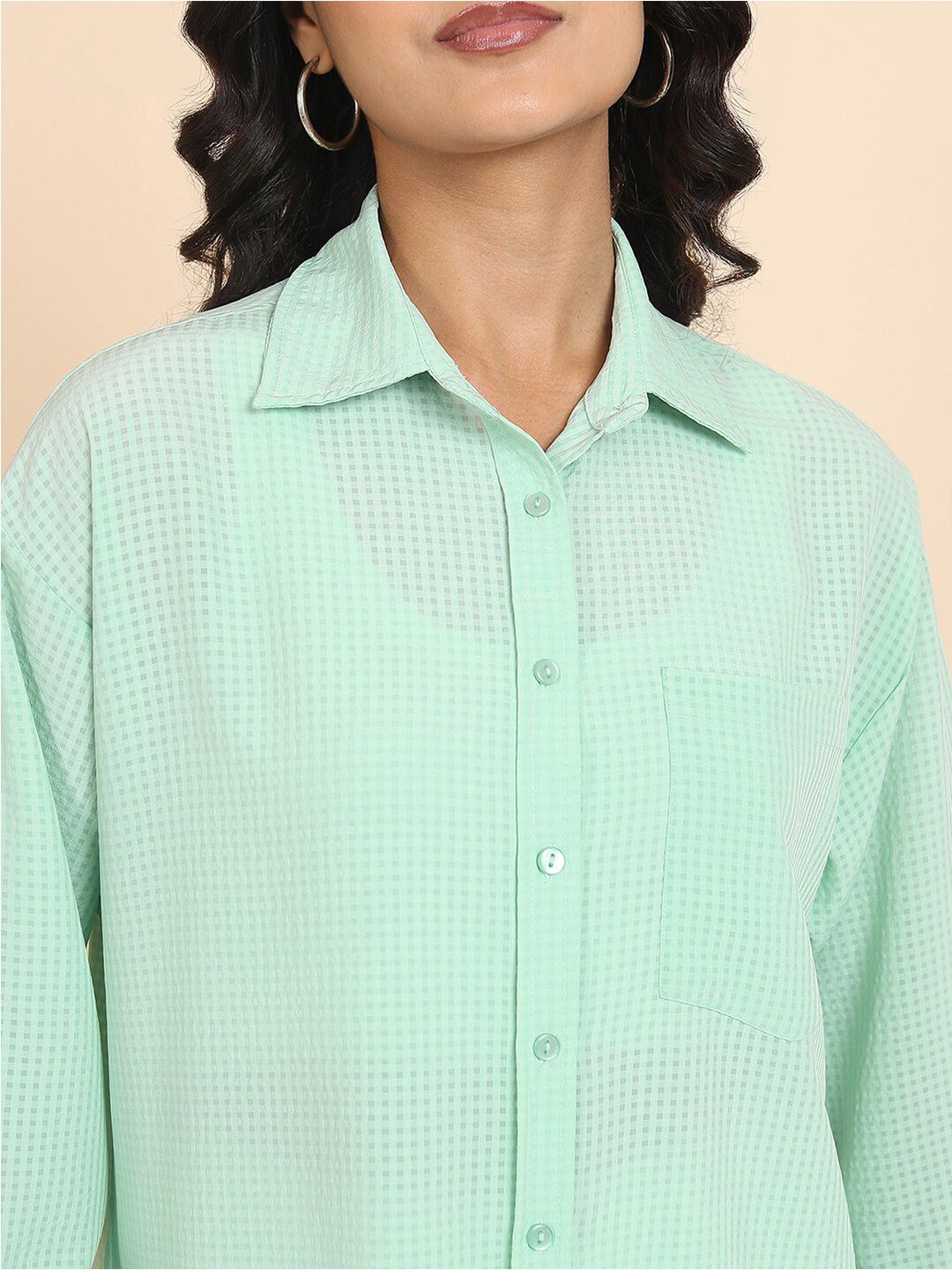 Tokyo Talkies Green Micro Checked Oversized Casual Shirt