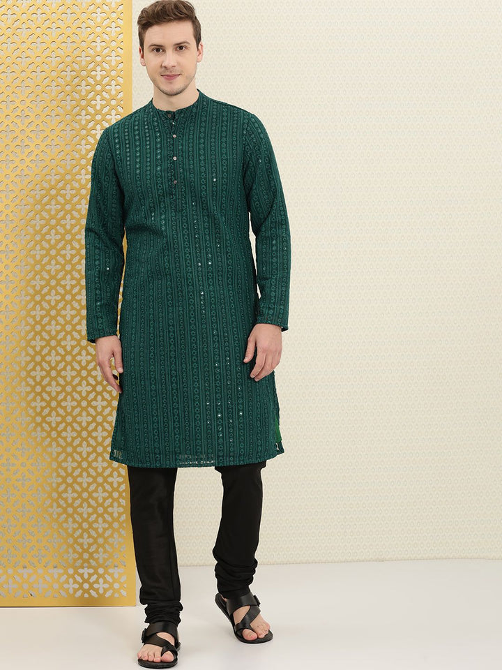 House of Pataudi Men Green Sequins Embellished Mandarin Collared Straight Kurta