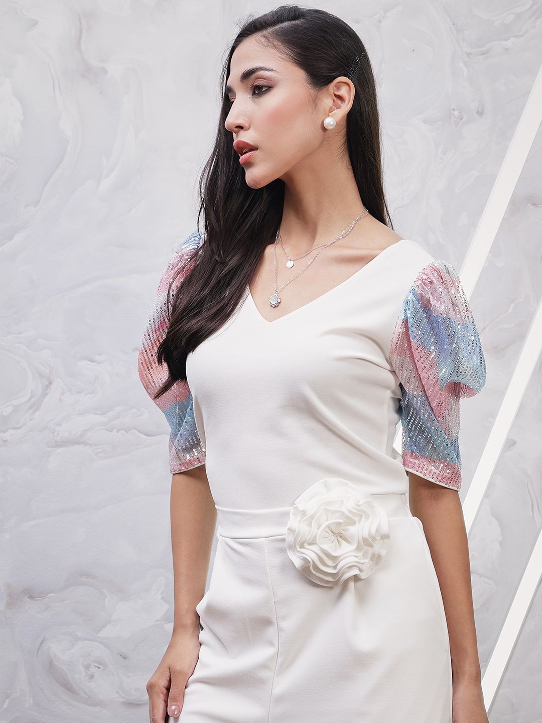 Athena White V-Neck Puff Sleeve Top