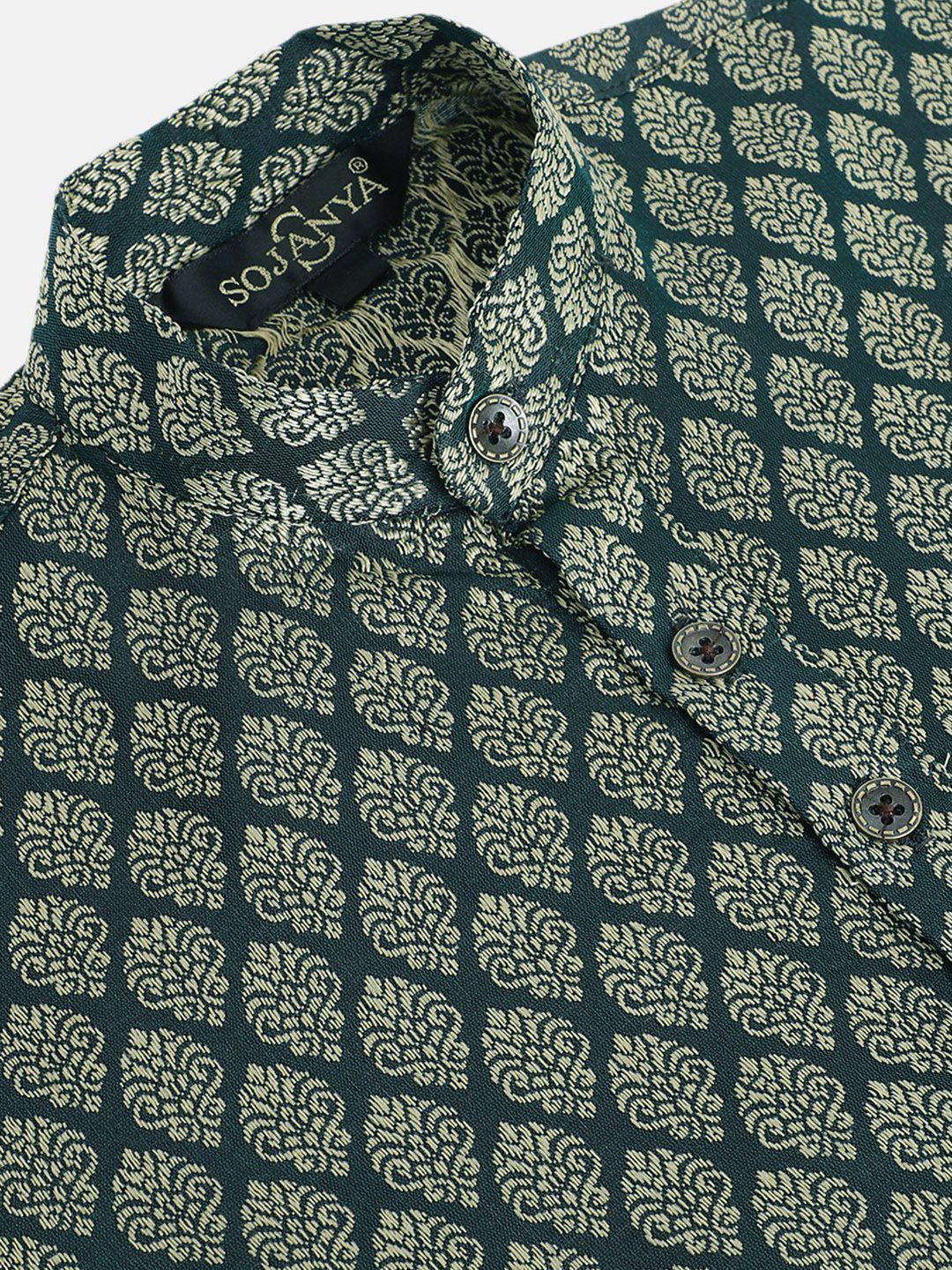 SOJANYA Kurta Lurus Bercorak Etnik Jacquard Hijau Tua & Emas