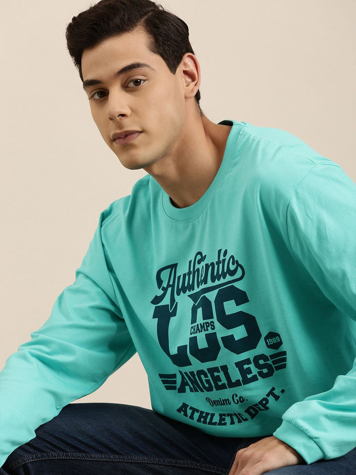 DILLINGER Men Turquoise Blue Typography Printed Pure Cotton Oversized  T-shirt
