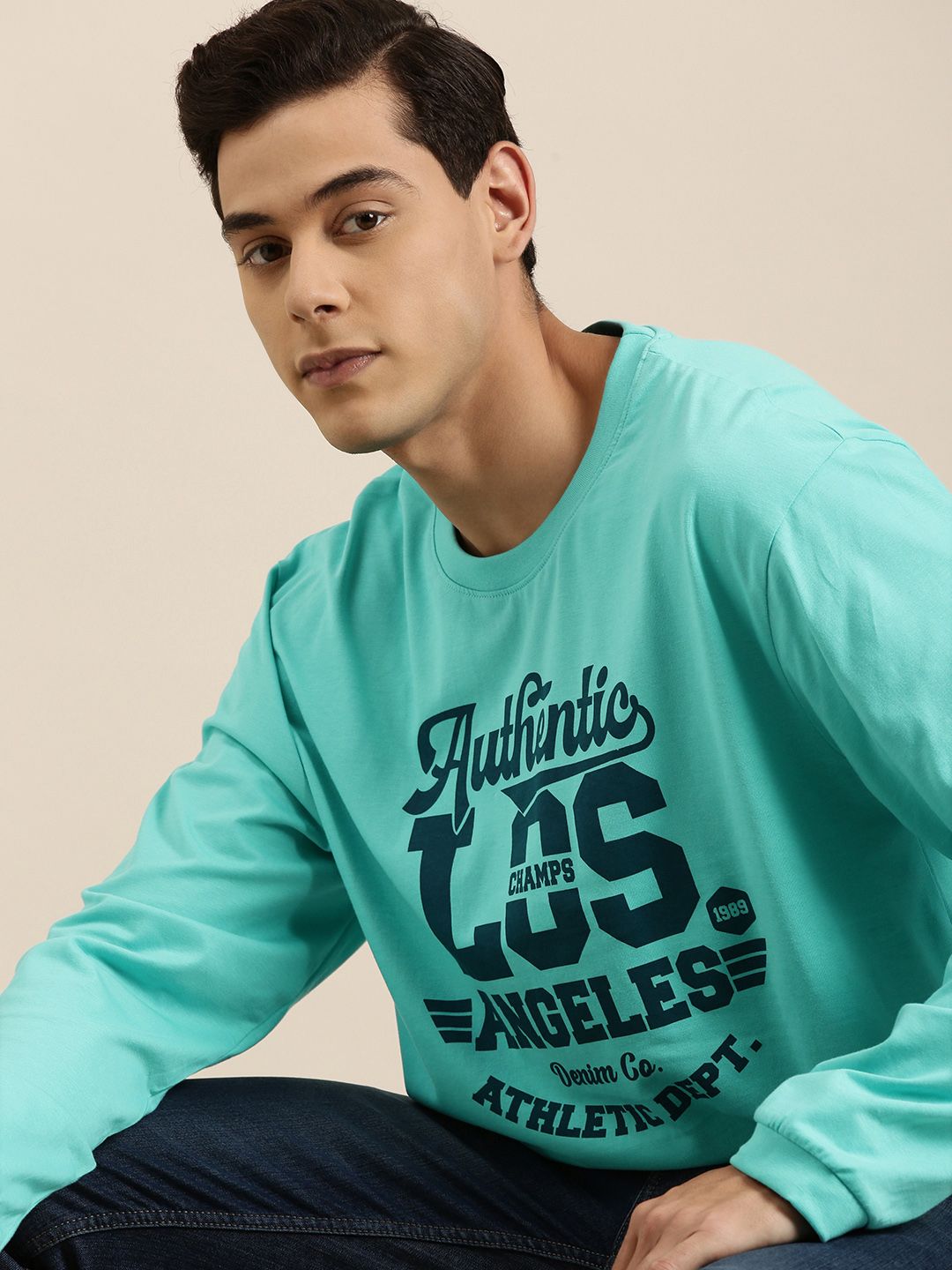 DILLINGER Men Turquoise Blue Typography Printed Pure Cotton Oversized  T-shirt