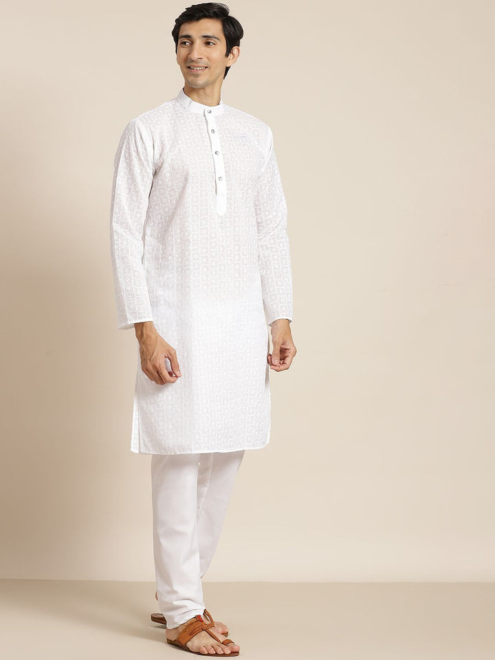 SOJANYA Men White Chikankari Pure Cotton Kurta with Churidar & Nehru Jacket