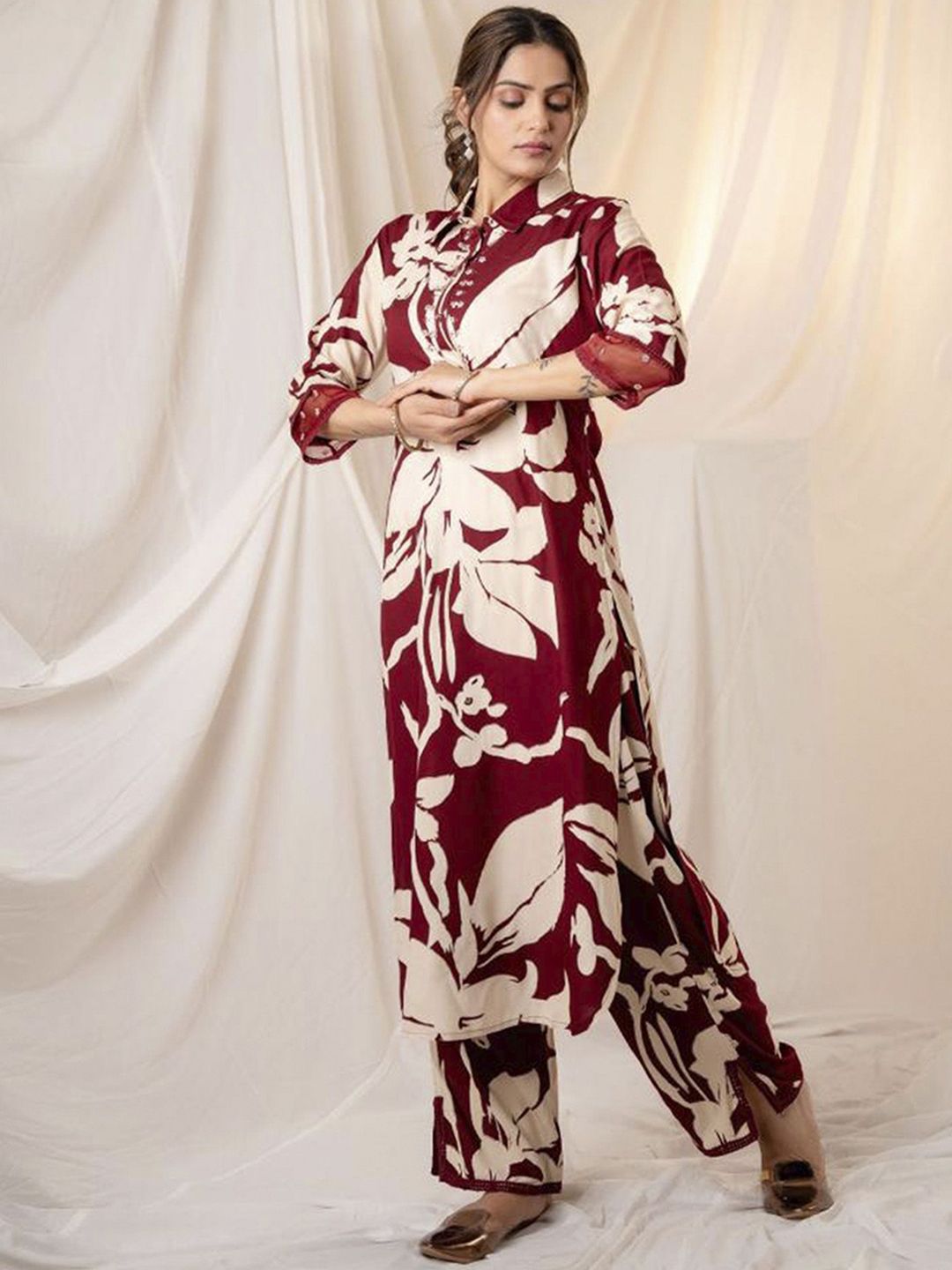 Indo Era Floral Printed Shirt Collar Sequinned Kurta with Trousers