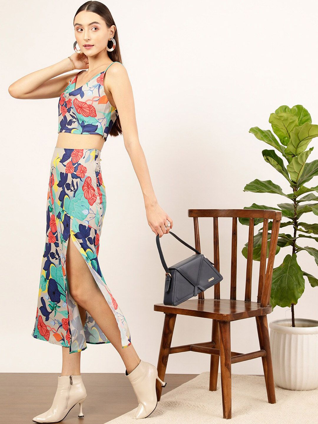 STREET 9 Grey Floral Printed Crop Top & Skirt