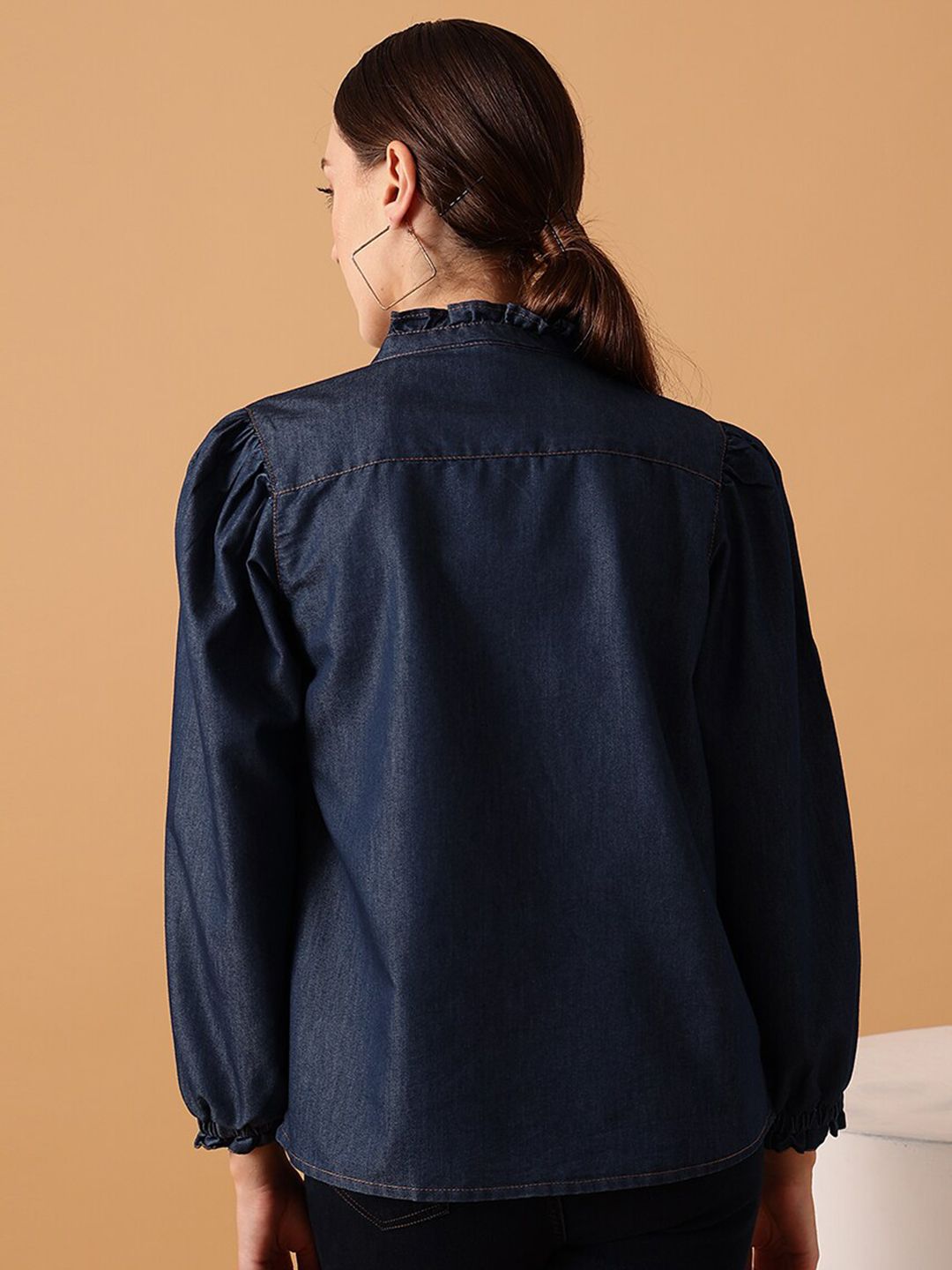 STREET 9 Comfort Band Collar Puff Sleeve Denim Casual Shirt
