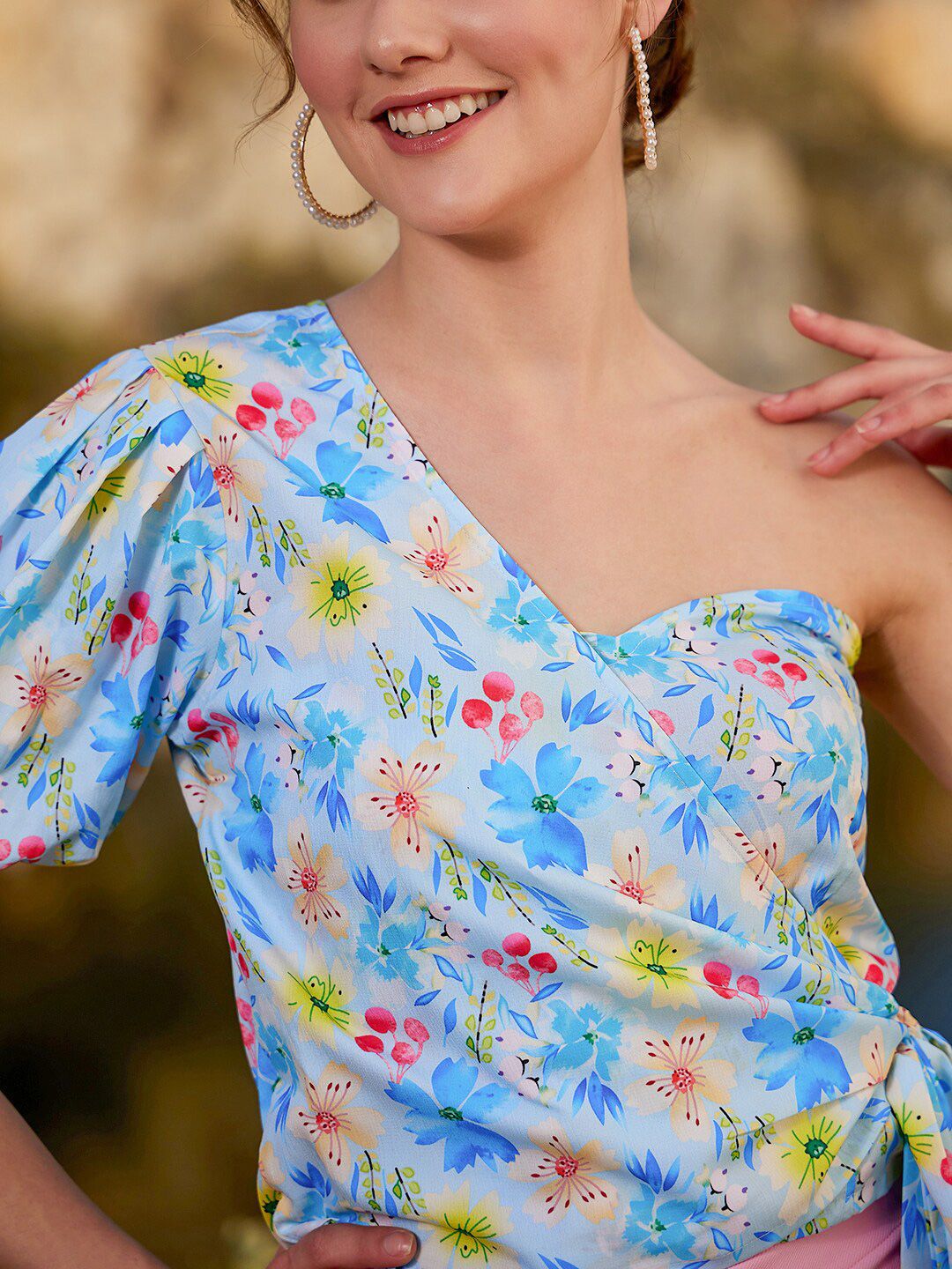 Athena Blue Floral Printed One Shoulder Wrap Top