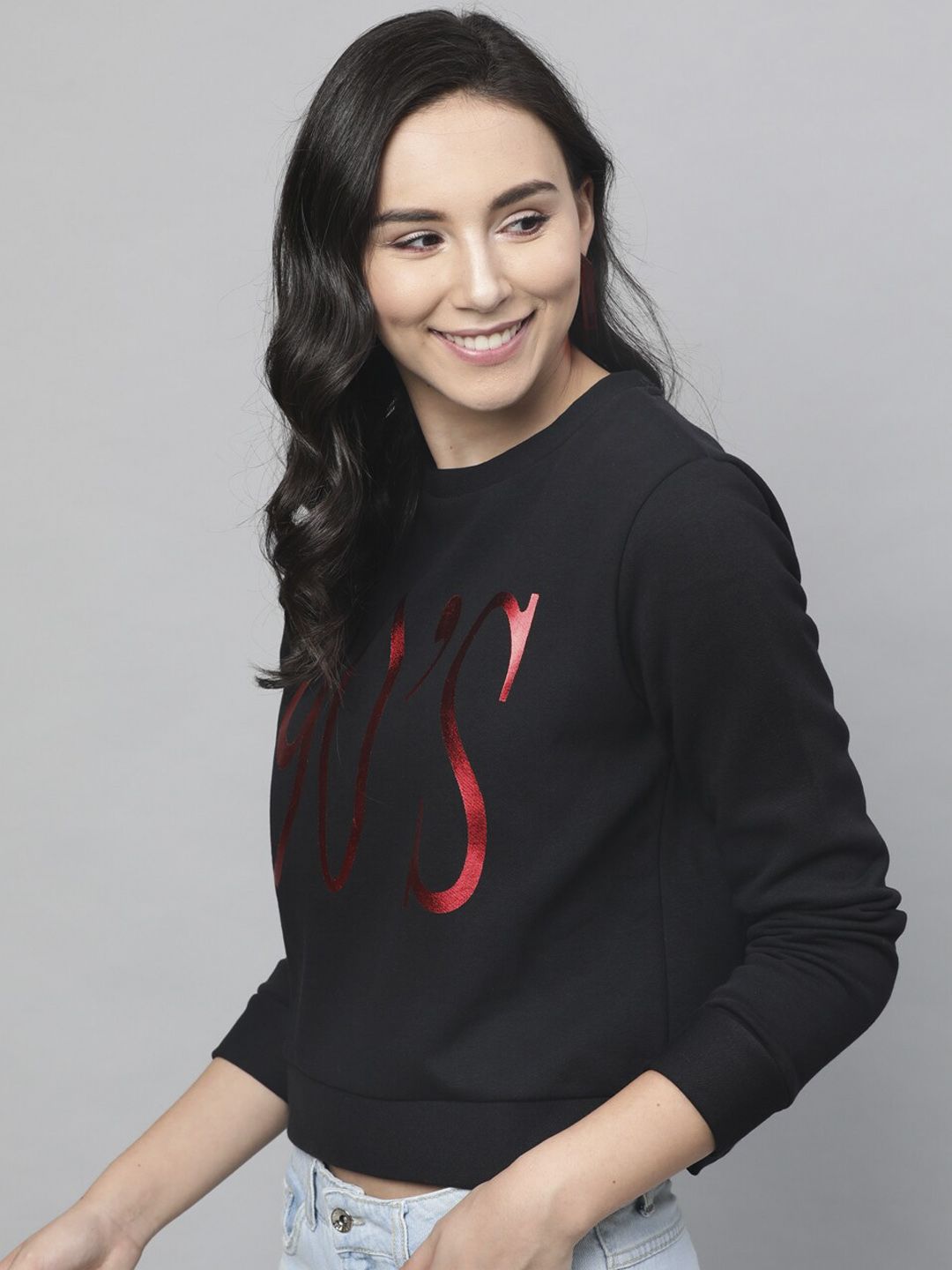 STREET 9 Women Black & Red Printed Pure Cotton Sweatshirt