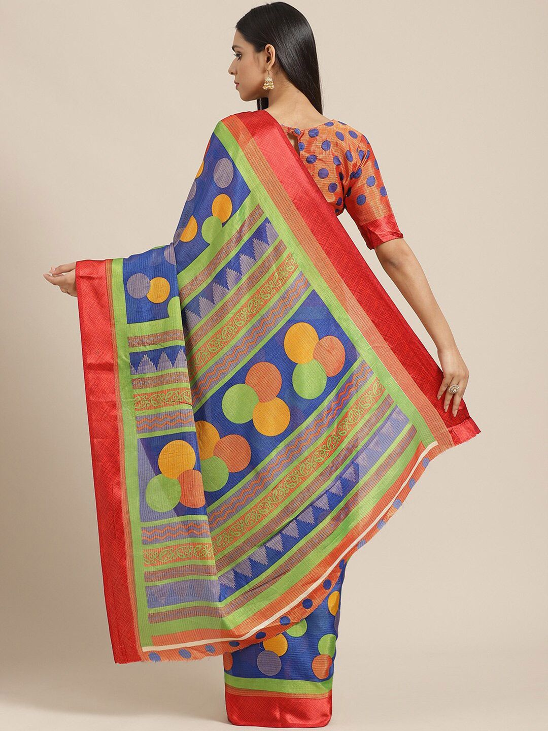 Saree mall Blue & Red Brasso Ethnic Printed Casual Saree with Matching Blouse