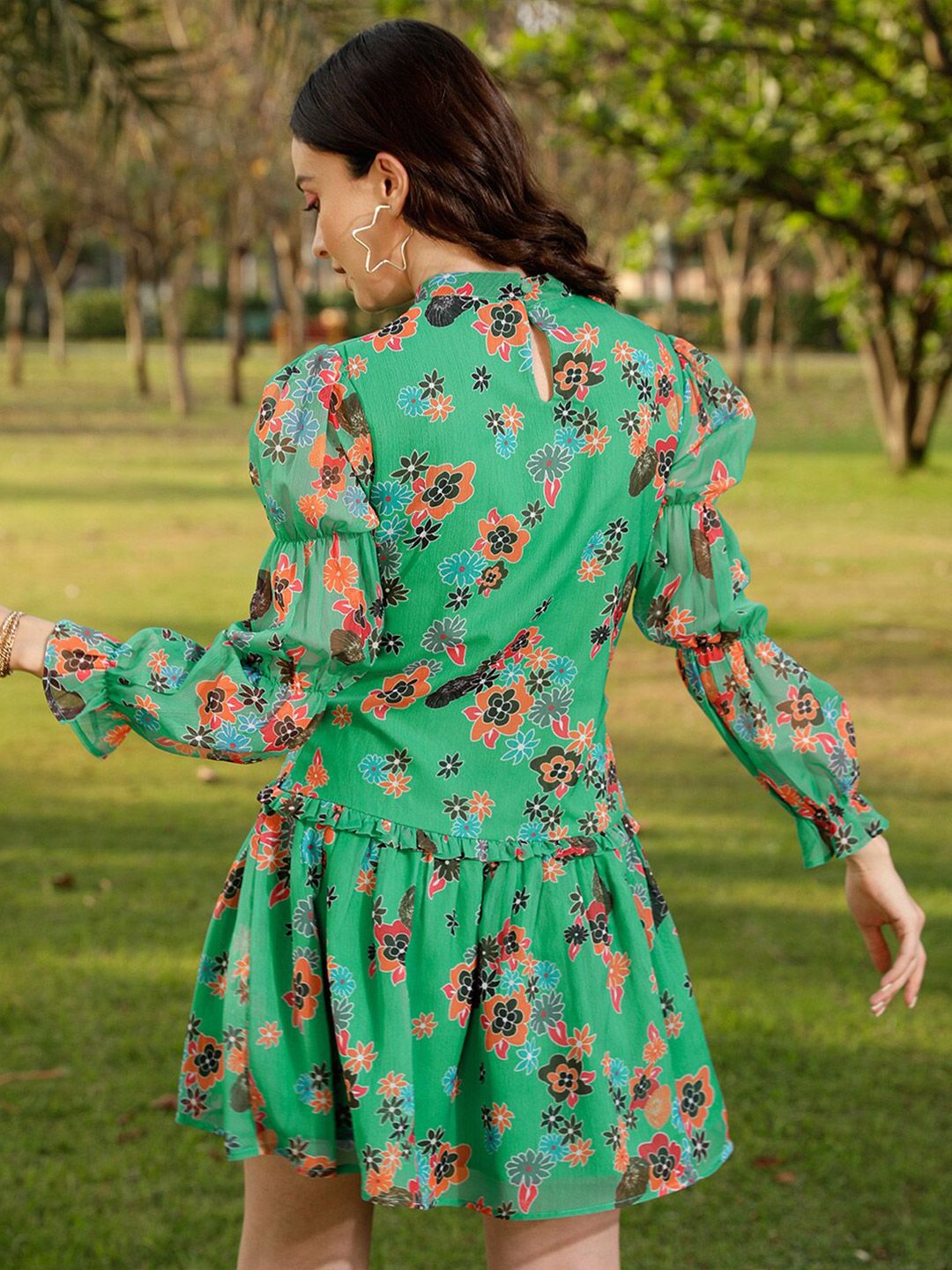 STREET 9 Green & Orange Coloured Floral Printed & Gathered Drop Waist Dress