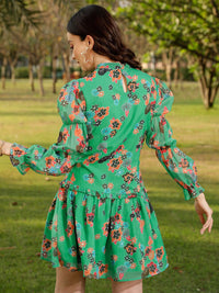 STREET 9 Green & Orange Coloured Floral Printed & Gathered Drop Waist Dress