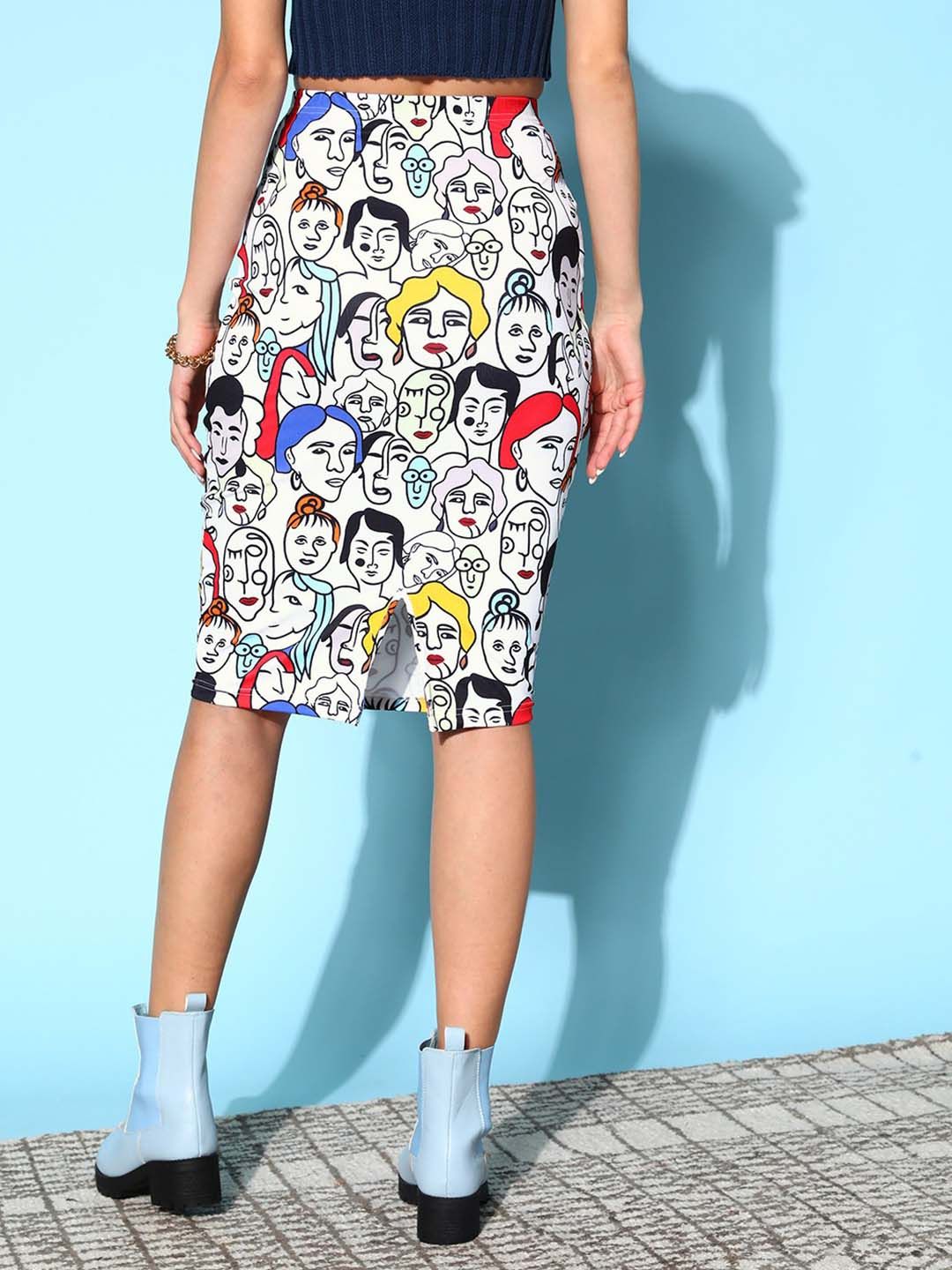 Berrylush Women White Graphic Print Knee Length Pencil Skirt