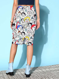 Berrylush Women White Graphic Print Knee Length Pencil Skirt