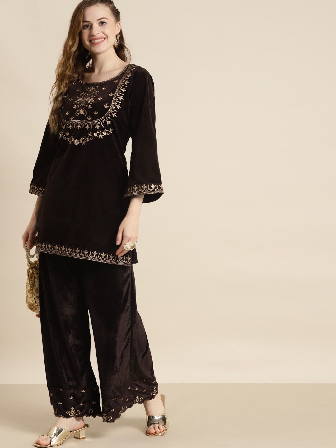Shae by SASSAFRAS Women Brown & Golden Ethnic Motifs Embroidered Velvet Kurti