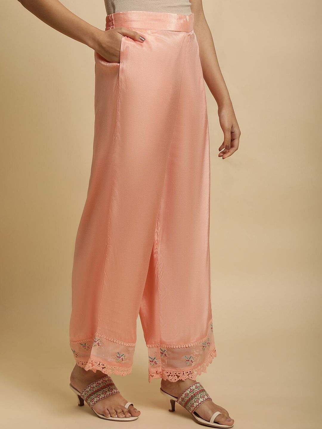 W Women Floral Embroidered Wide Leg Trousers