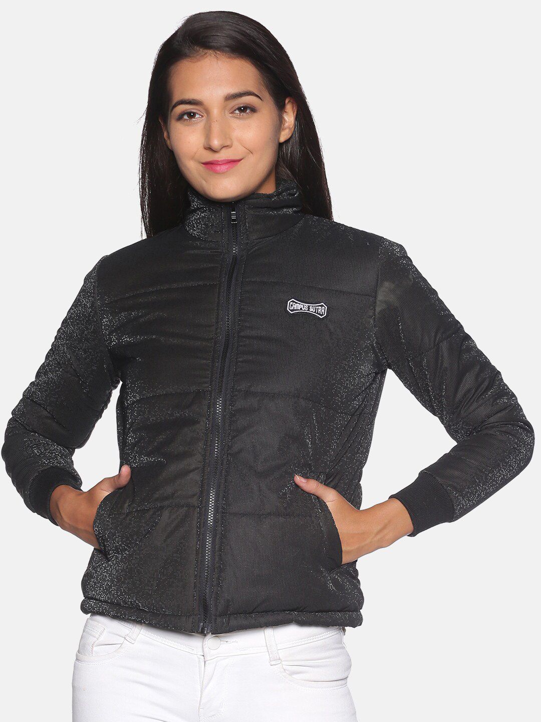 Campus Sutra Women Black Windcheater Padded Jacket
