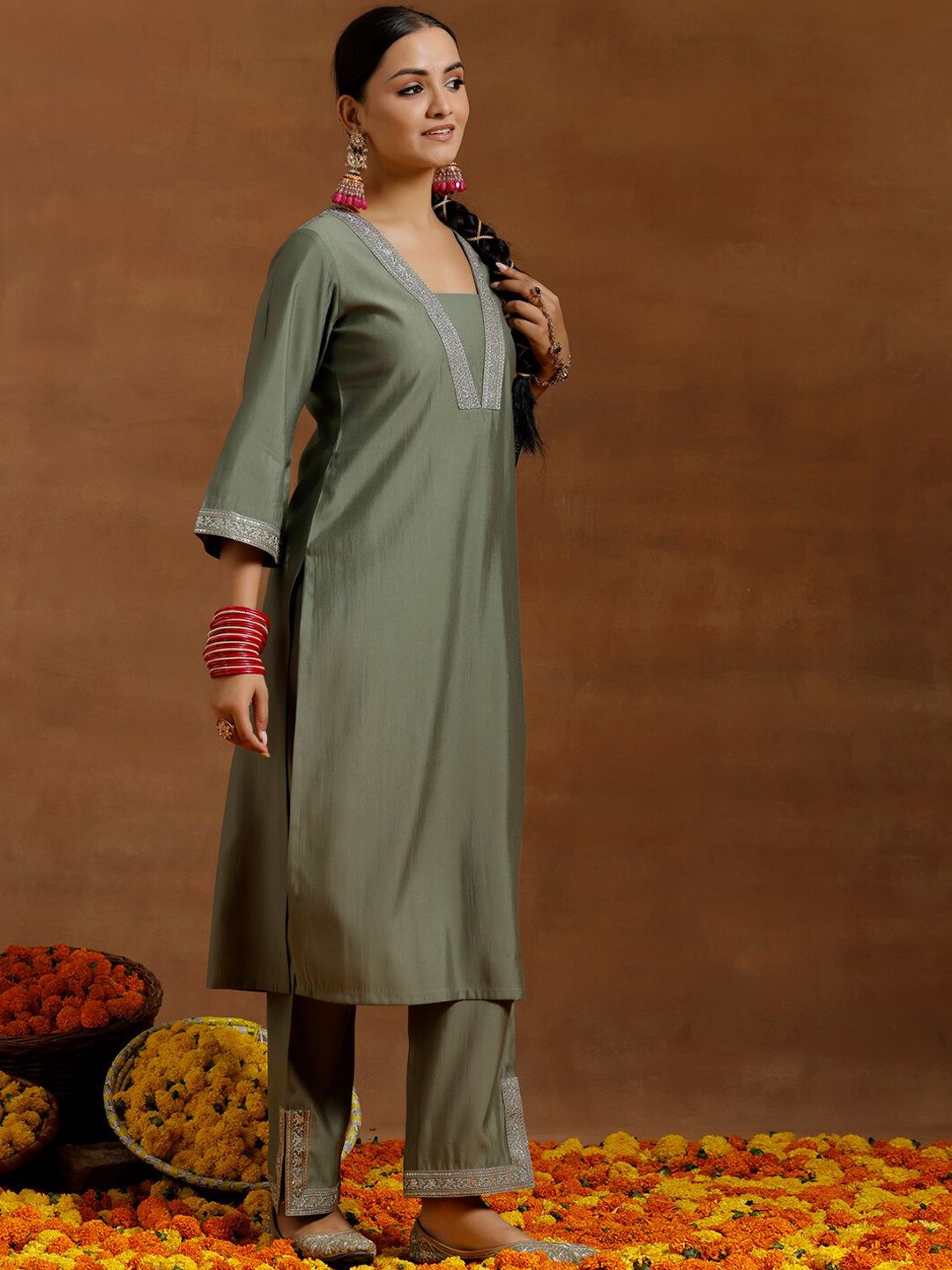 Libas Floral Yoke Design Regular Sequinned Kurta With Trousers & Dupatta