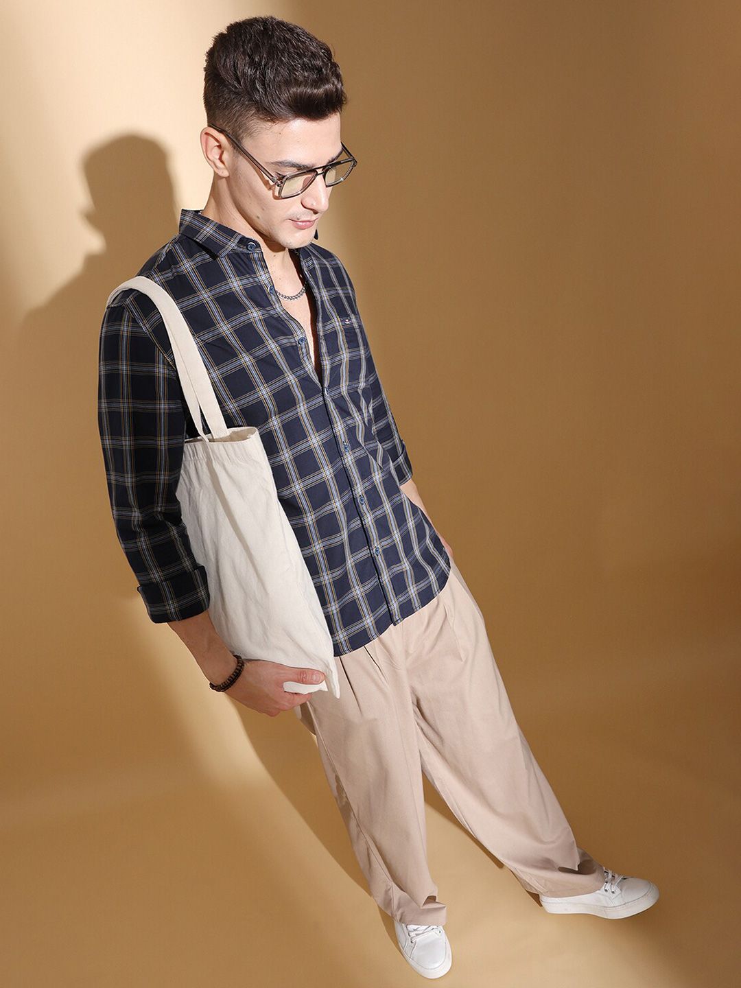 The Indian Garage Co Slim Fit Tartan Checked Twill Pure Cotton Casual Shirt
