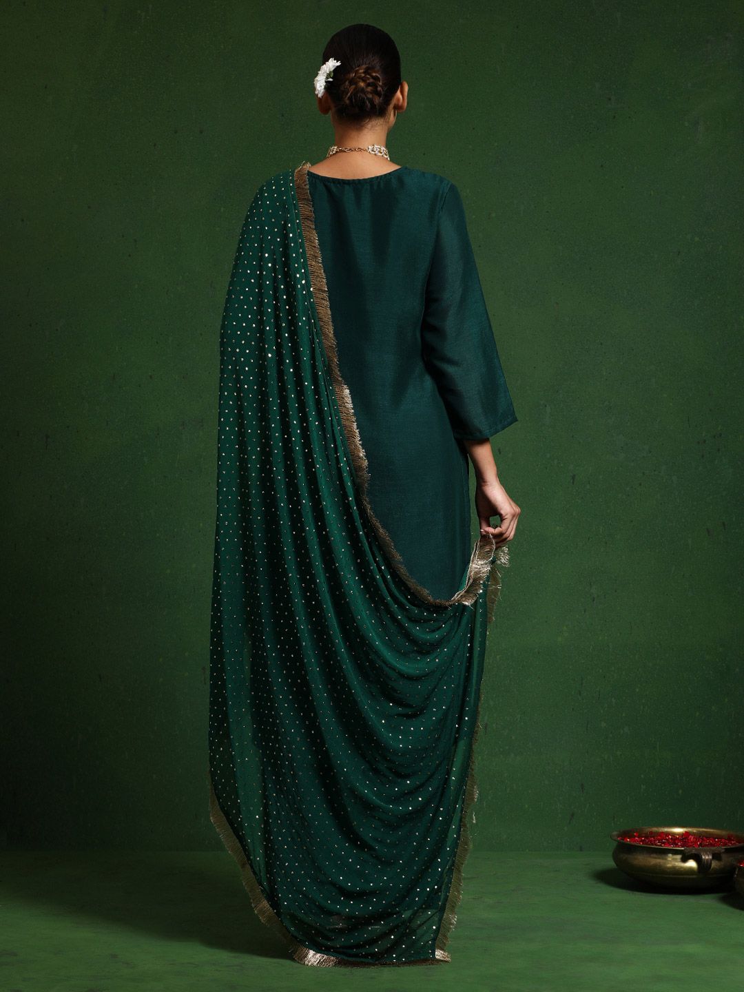Varanga Floral Embroidered Cotton Silk Zari Work Straight Kurta With Trousers & Dupatta