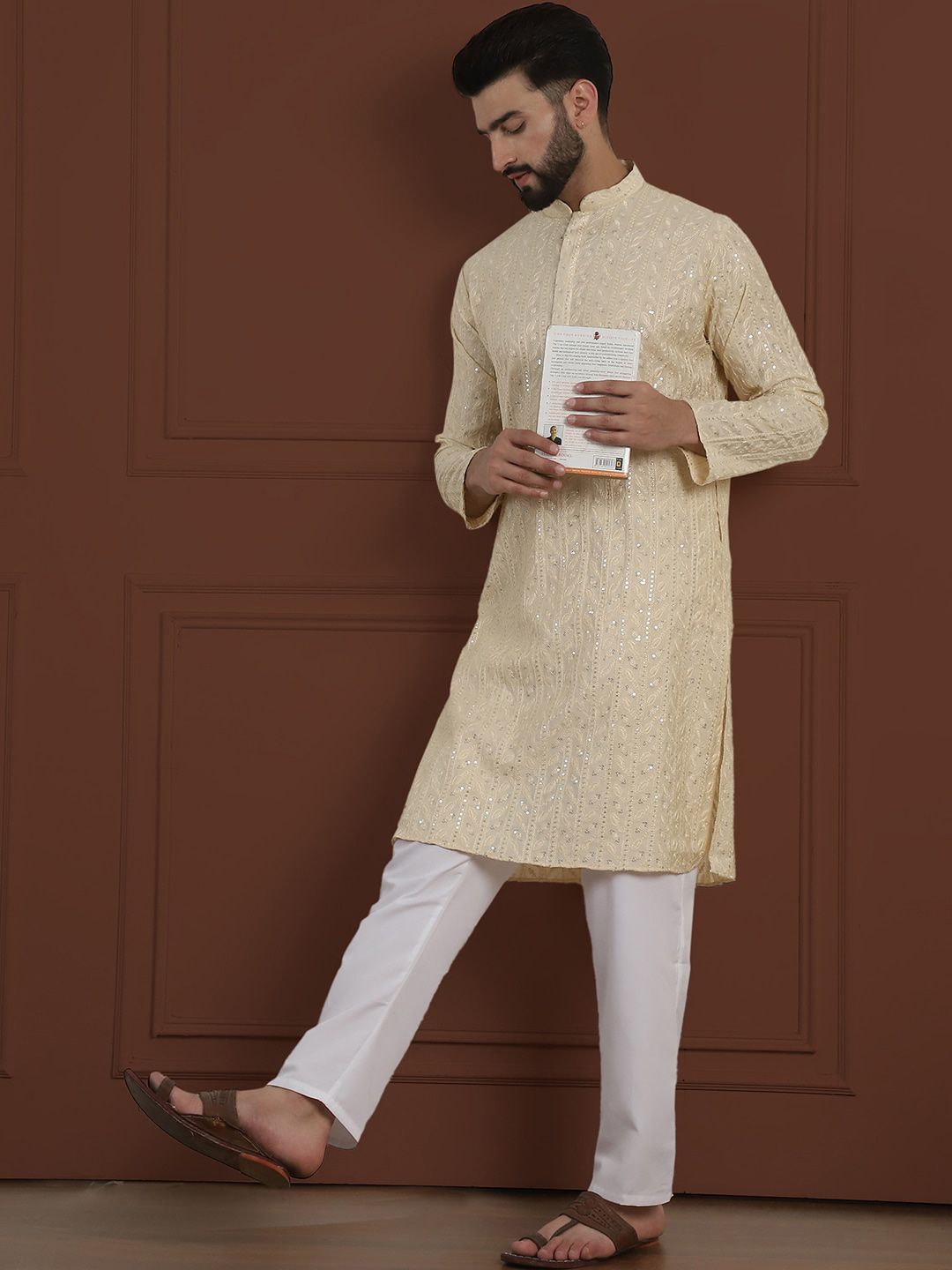 SOJANYA LUXE Bunga Sulam Labuci Mandarin Kolar Kapas Sutera Lurus Kurta